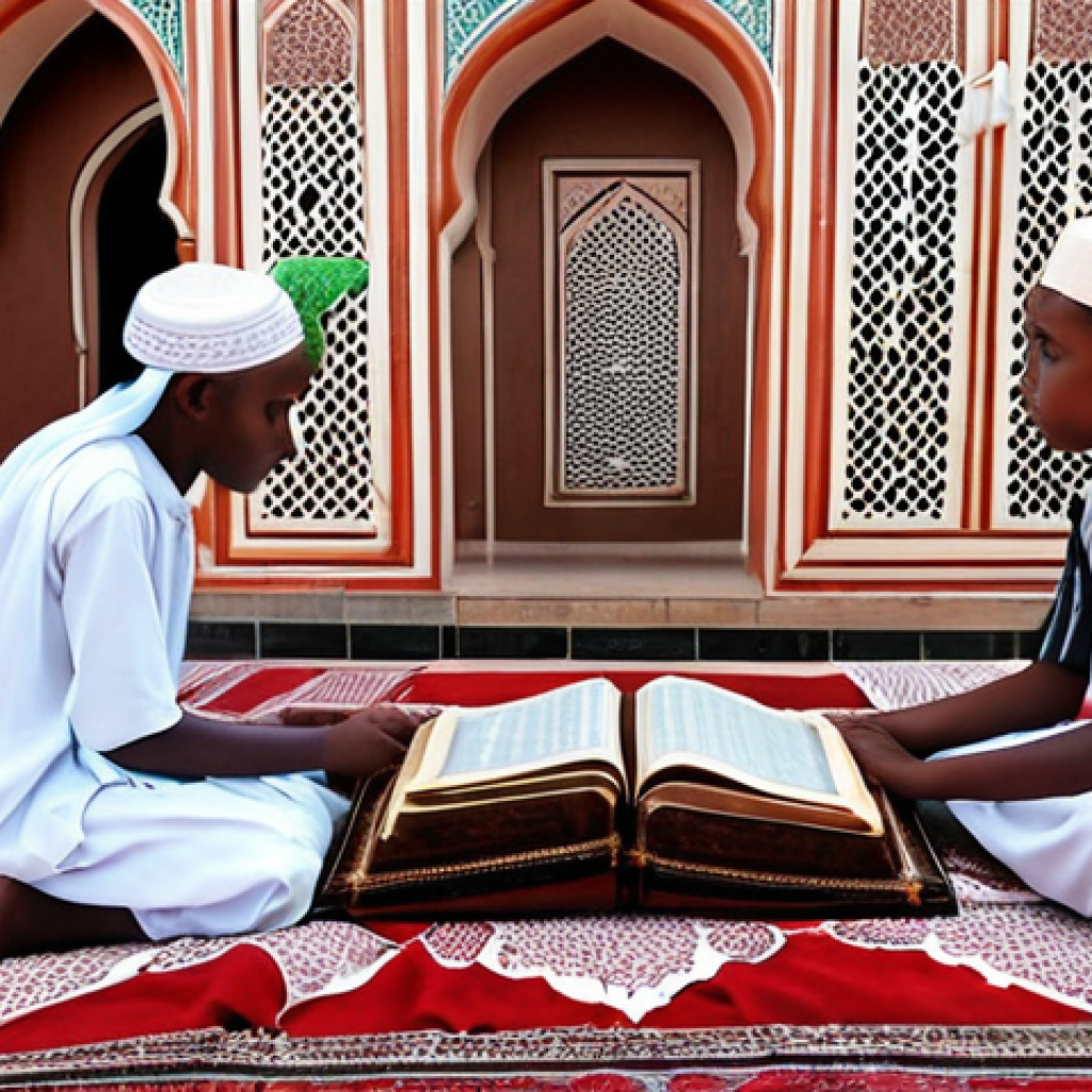 A Comorian mosque with children reciting the Quran in Arabic, showcasing traditional Islamic education with vibrant textiles and architecture.