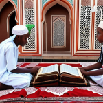 A Comorian mosque with children reciting the Quran in Arabic, showcasing traditional Islamic education with vibrant textiles and architecture.