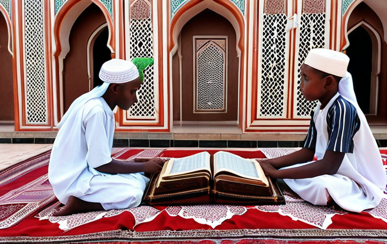 A Comorian mosque with children reciting the Quran in Arabic, showcasing traditional Islamic education with vibrant textiles and architecture.